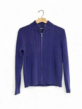 Lands' End Vintage Full-Zip Cable Knit Mock Neck Sweater Small